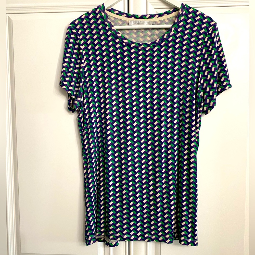 Contemporaine Womenโs Sz Large Short Sleeve Purple, Green White Small Print Top